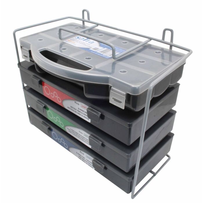Kit professionale da 900 O-ring e guarnizioni resistenti all'olio, completo di 4 pratici organizer e supporto metallico.