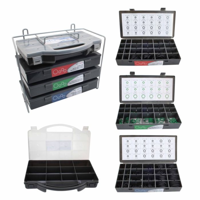 Kit professionale da 900 O-ring e guarnizioni resistenti all'olio, completo di 4 pratici organizer e supporto metallico.